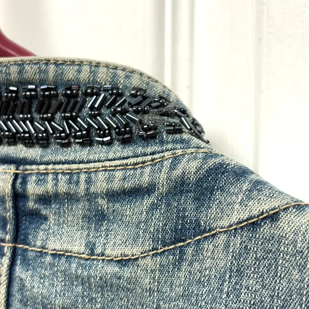 Style & Co Jean Jacket Beaded Cropped Denim Coat, Mandarin Collar, Size MP